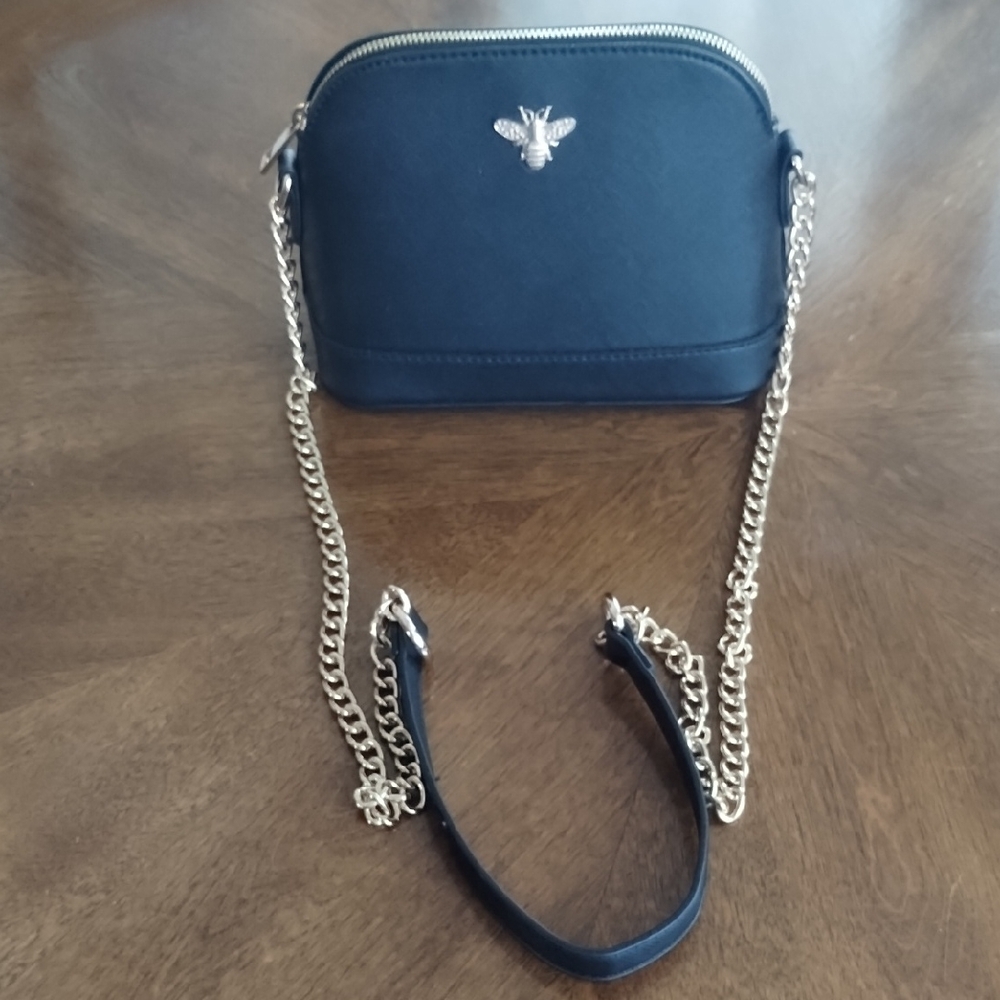 Women's Black Purse Crossbody Gold Chain Bee Emblem Vegan